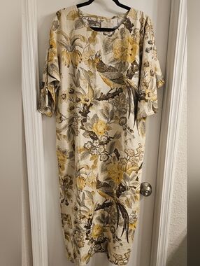 Linen Floral Bird Print Maxi Dress. Whimsy. Graduation Size L